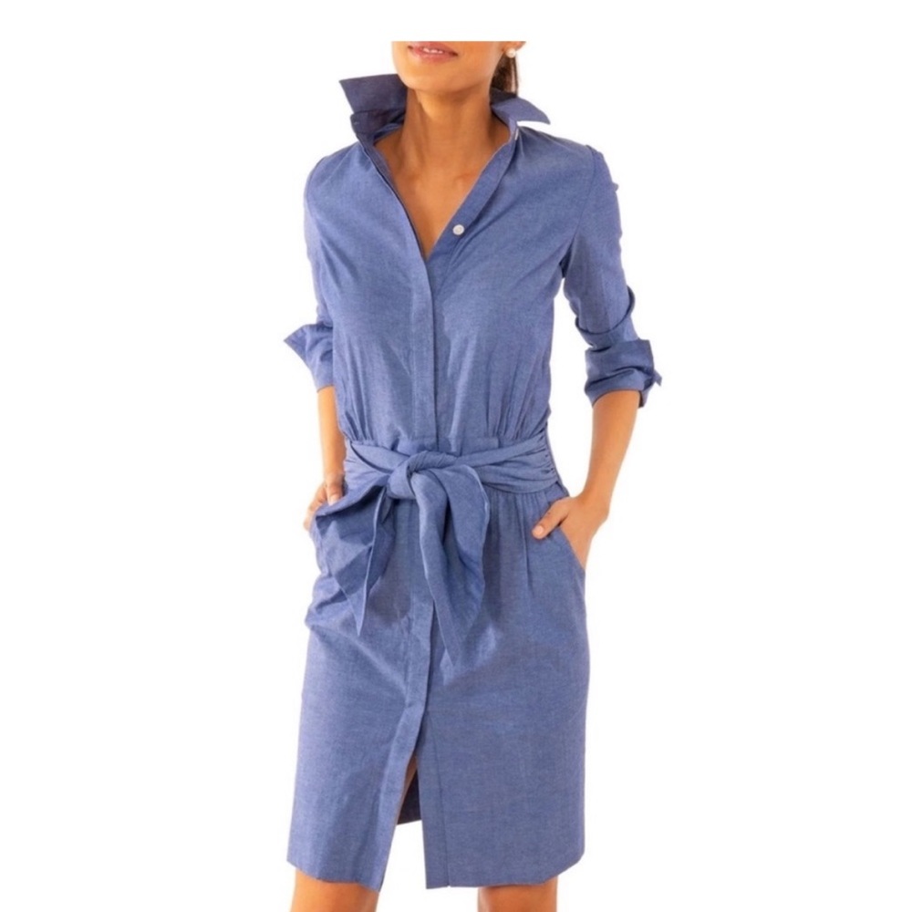 EUC Gretchen Scott Designs Breezy button up collar dress blue medium m